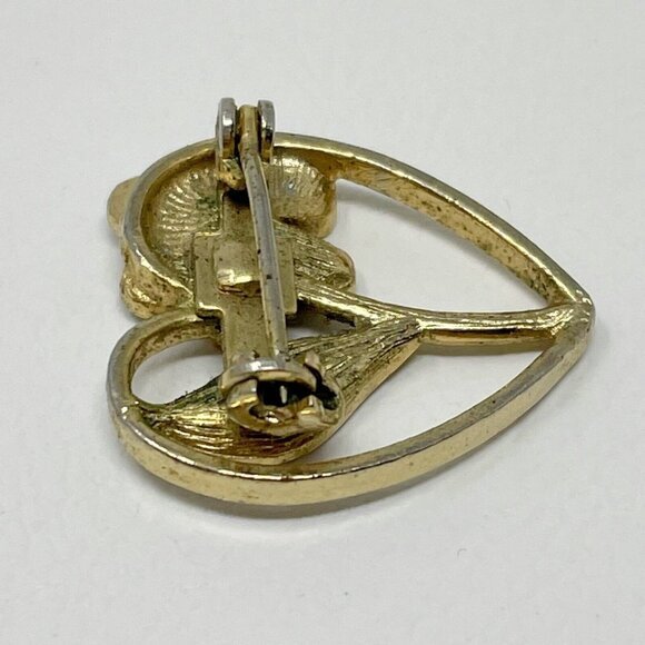 Vintage Heart Flower Brooch‎ Metallic Gold Tone Aqua Green Rhinestone Pin 1" - Picture 5 of 10